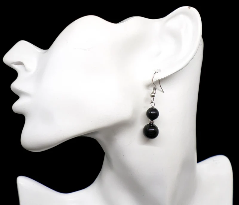 Boucles d'oreilles pendantes doubles perles d'onyx noir