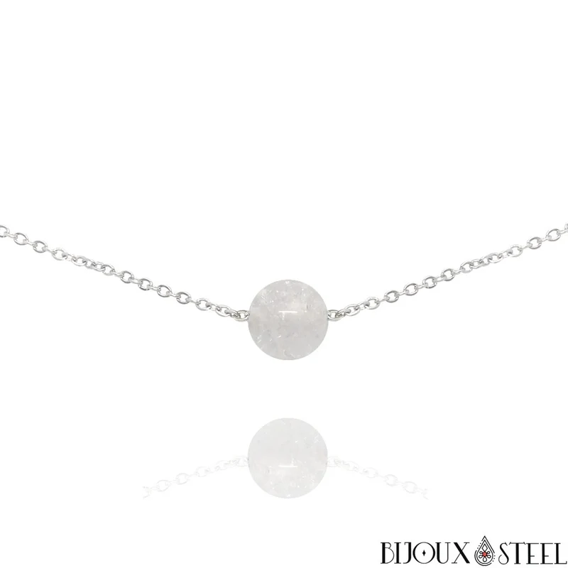 Collier à perle de quartz craquelé en acier inoxydable