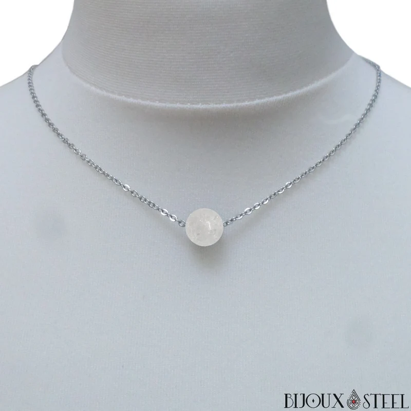 Collier à perle de quartz craquelé en acier inoxydable