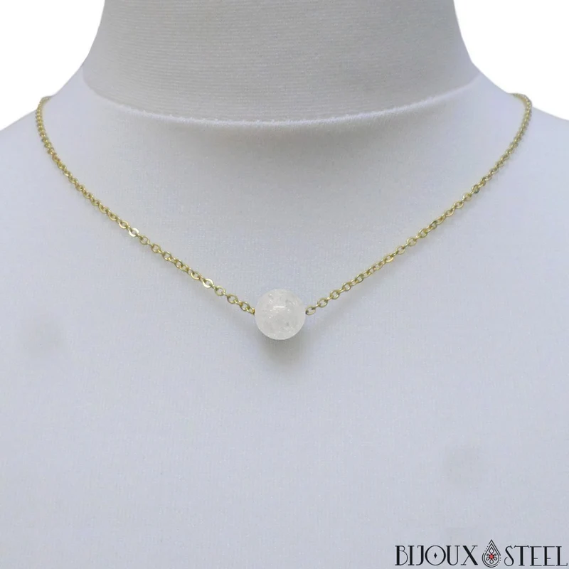 Collier à perle de quartz craquelé en acier inoxydable