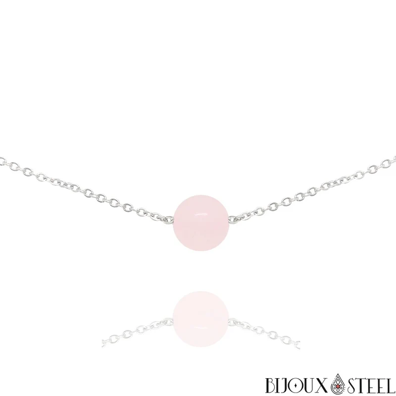 Collier à perle de quartz rose en acier inoxydable