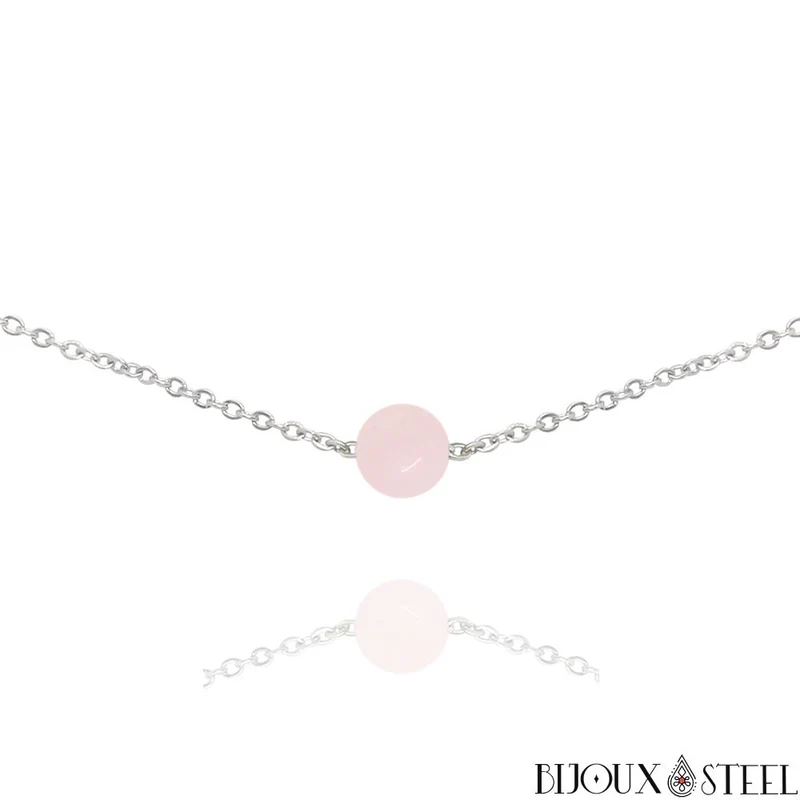 Collier à perle de quartz rose en acier inoxydable