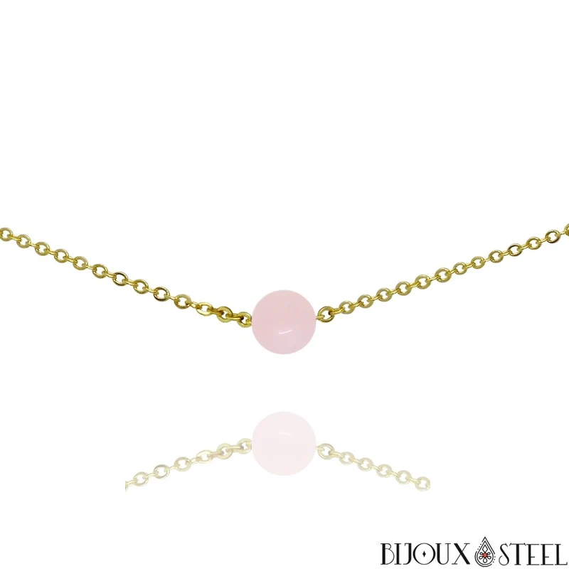 Collier à perle de quartz rose en acier inoxydable