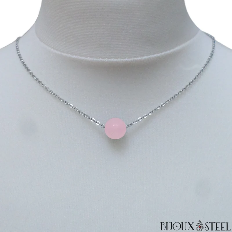 Collier à perle de quartz rose en acier inoxydable