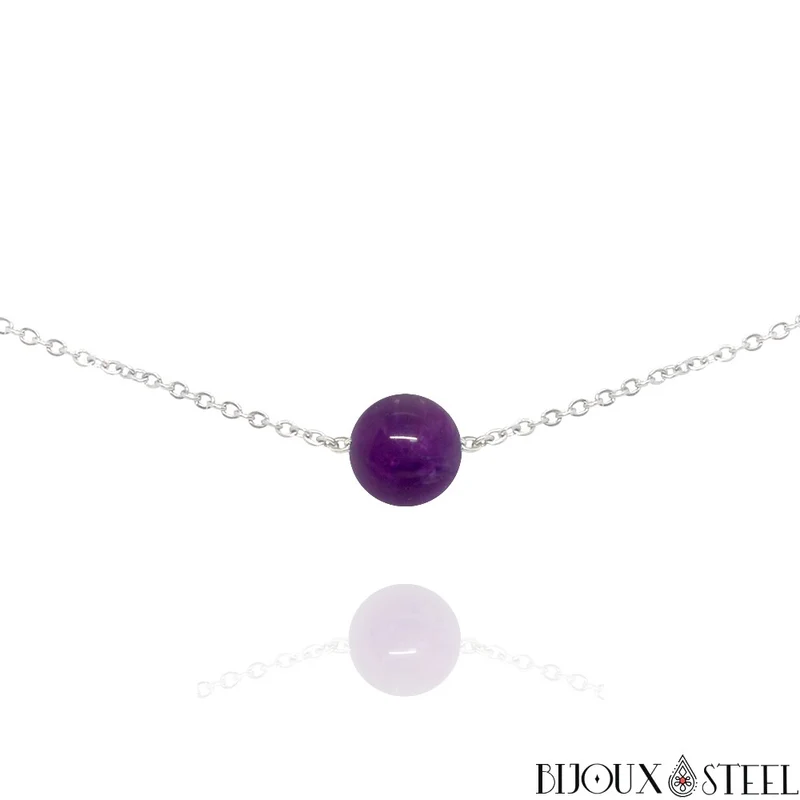 Collier à perle d'améthyste en acier inoxydable