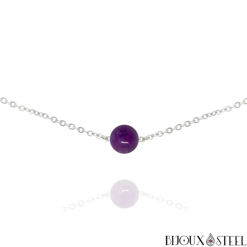 Collier à perle d'améthyste en acier inoxydable