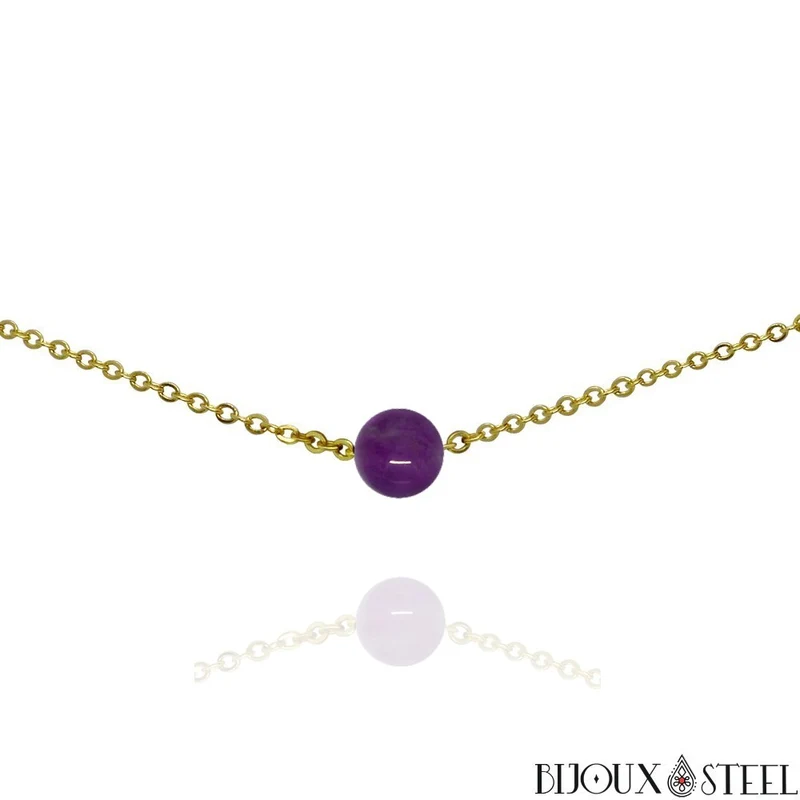 Collier à perle d'améthyste en acier inoxydable