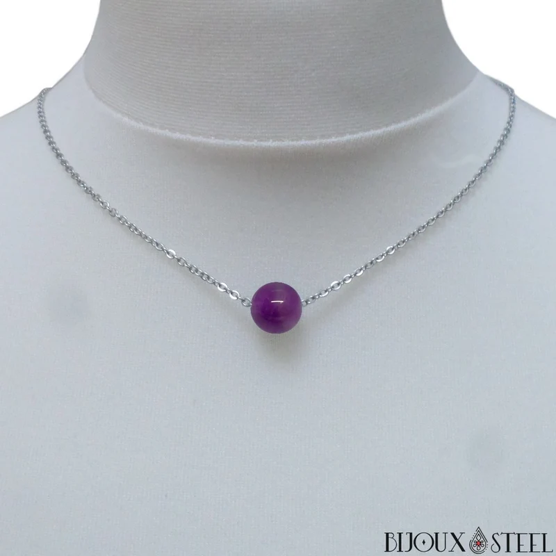 Collier à perle d'améthyste en acier inoxydable