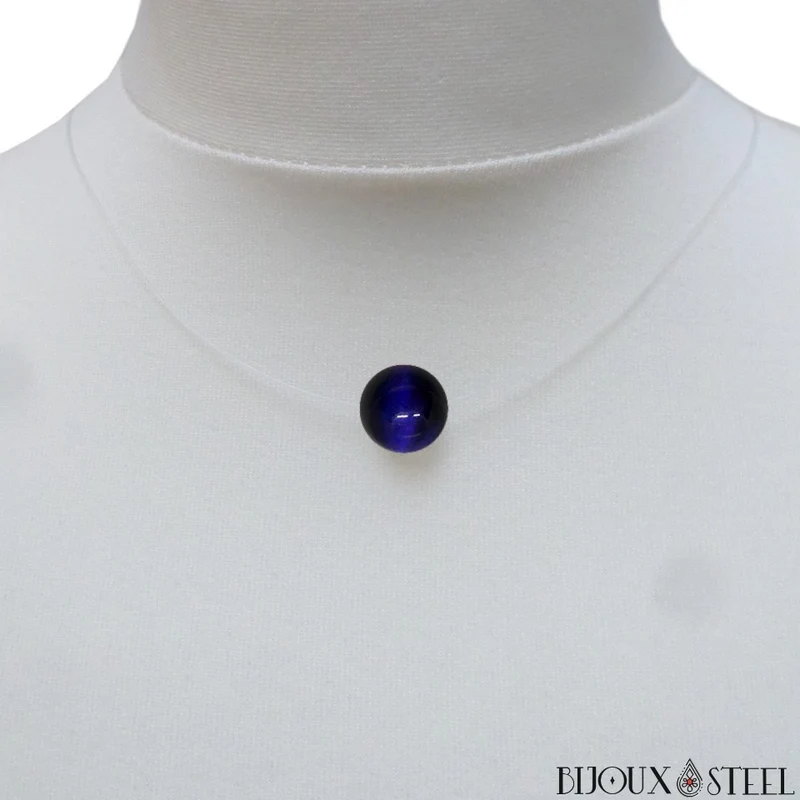 Collier à perle d'oeil de tigre bleu sur fil de nylon