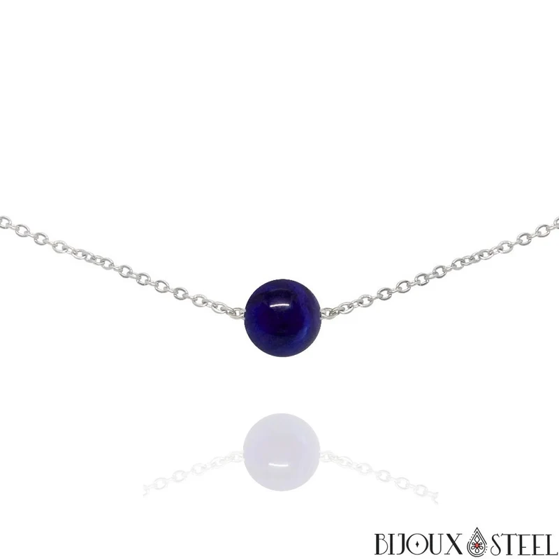 Collier à perle d'oeil de tigre bleu en acier inoxydable