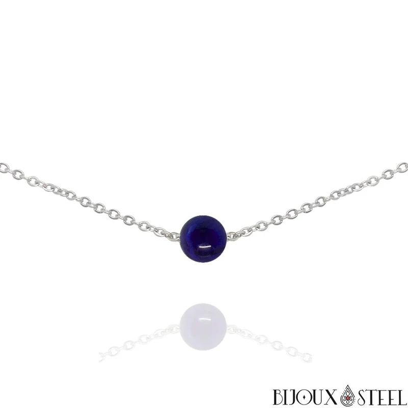 Collier à perle d'oeil de tigre bleu en acier inoxydable
