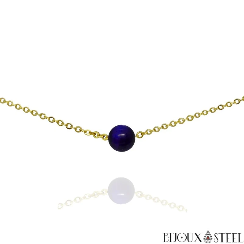 Collier à perle d'oeil de tigre bleu en acier inoxydable