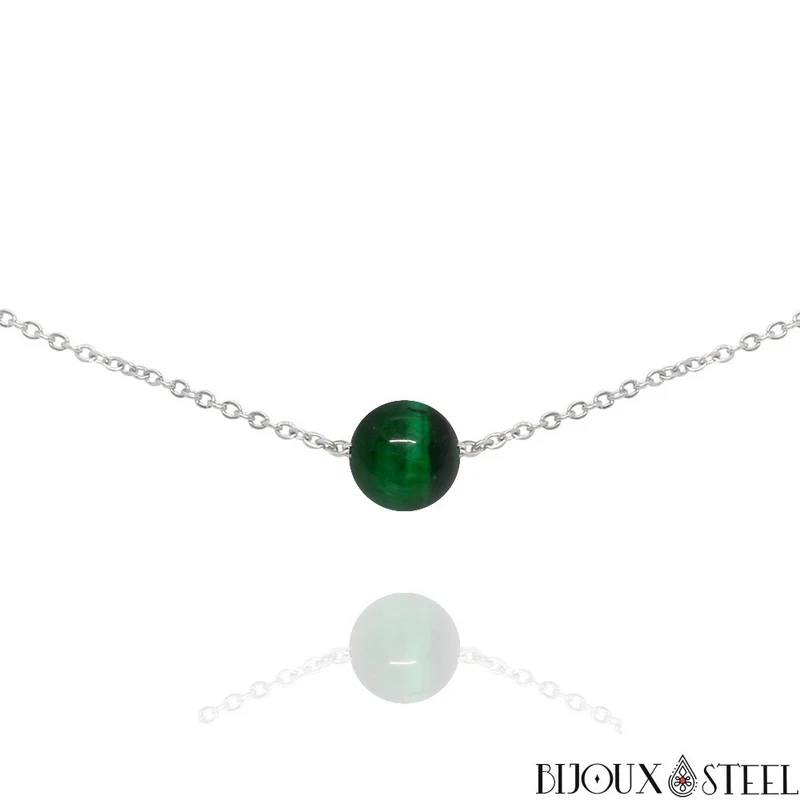 Collier à perle d'oeil de tigre vert en acier inoxydable