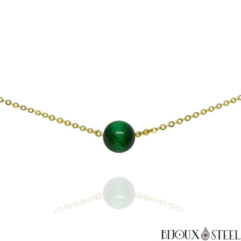 Collier à perle d'oeil de tigre vert en acier inoxydable