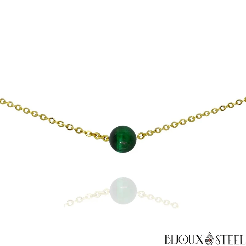 Collier à perle d'oeil de tigre vert en acier inoxydable
