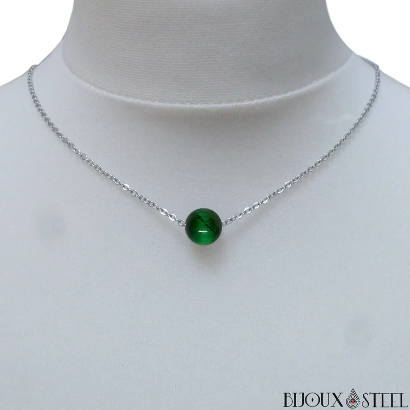 Collier à perle d'oeil de tigre vert en acier inoxydable
