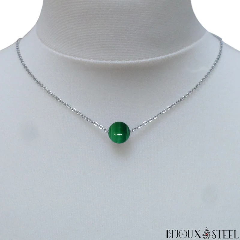 Collier à perle de malachite en acier inoxydable