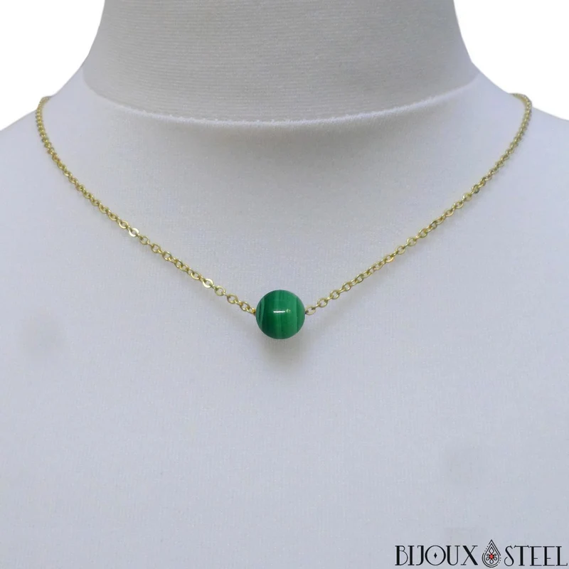 Collier à perle de malachite en acier inoxydable