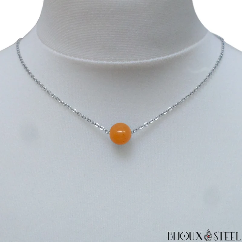 Collier à perle d'aventurine orange en acier inoxydable