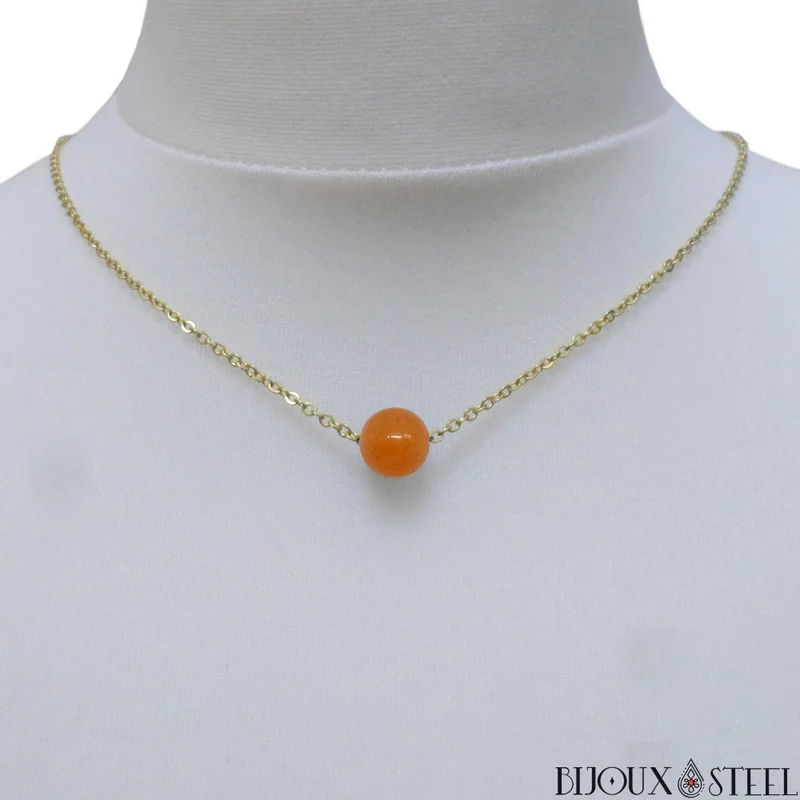 Collier à perle d'aventurine orange en acier inoxydable