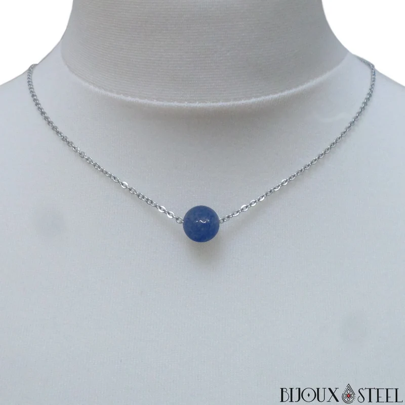 Collier à perle d'aventurine bleue en acier inoxydable