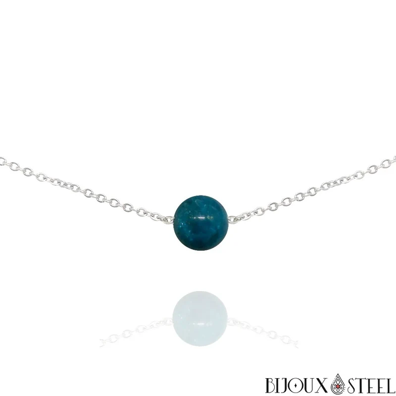 Collier à perle d'apatite bleue en acier inoxydable