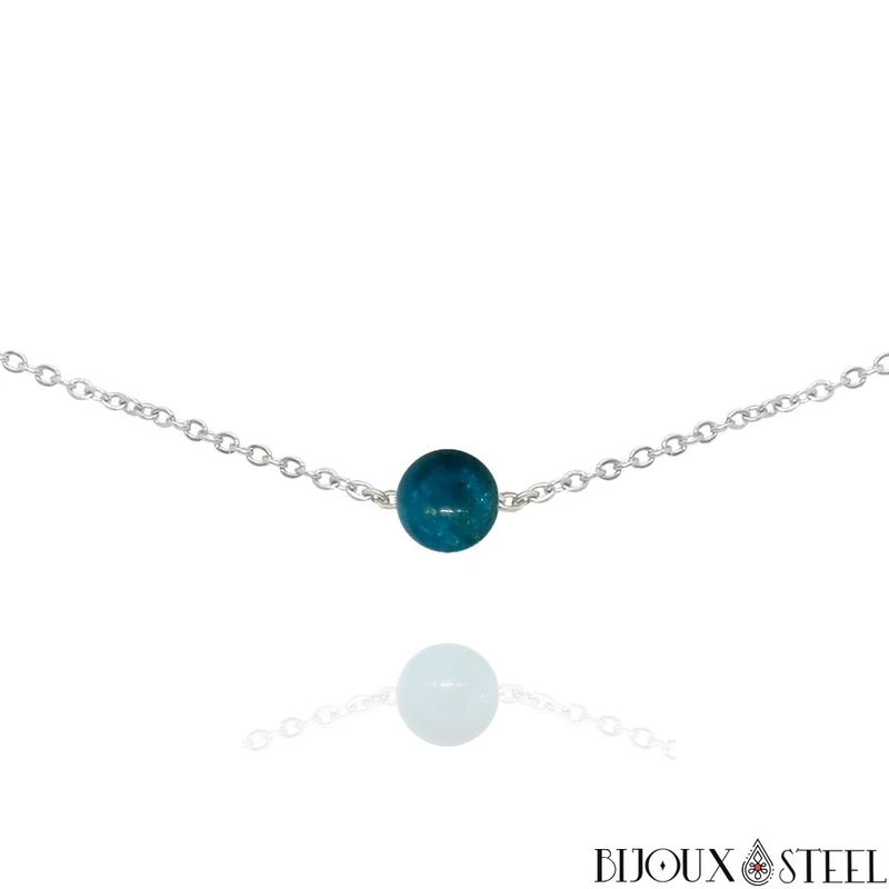 Collier à perle d'apatite bleue en acier inoxydable
