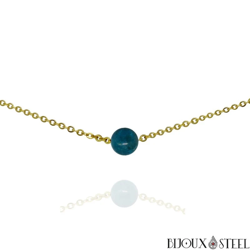 Collier à perle d'apatite bleue en acier inoxydable