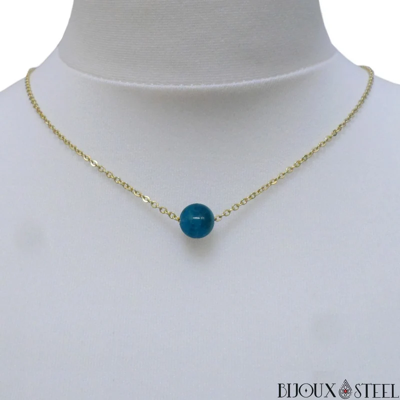 Collier à perle d'apatite bleue en acier inoxydable