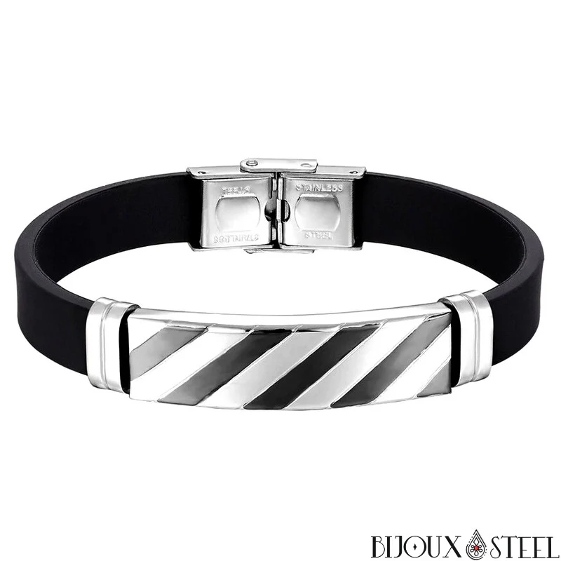 Bracelet homme à rayures en acier inoxydable et caoutchouc noir