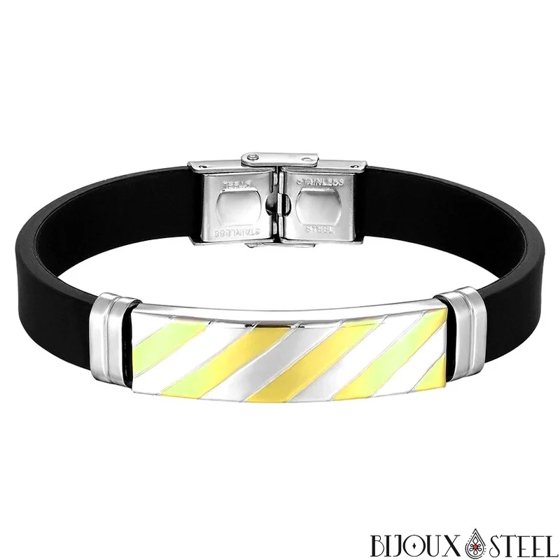 Bracelet homme à rayures en acier inoxydable et caoutchouc noir