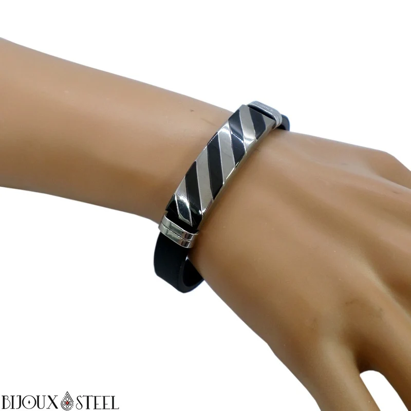 Bracelet homme à rayures en acier inoxydable et caoutchouc noir