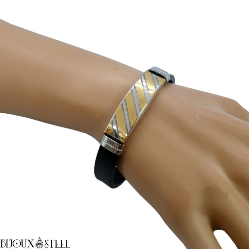 Bracelet homme à rayures en acier inoxydable et caoutchouc noir