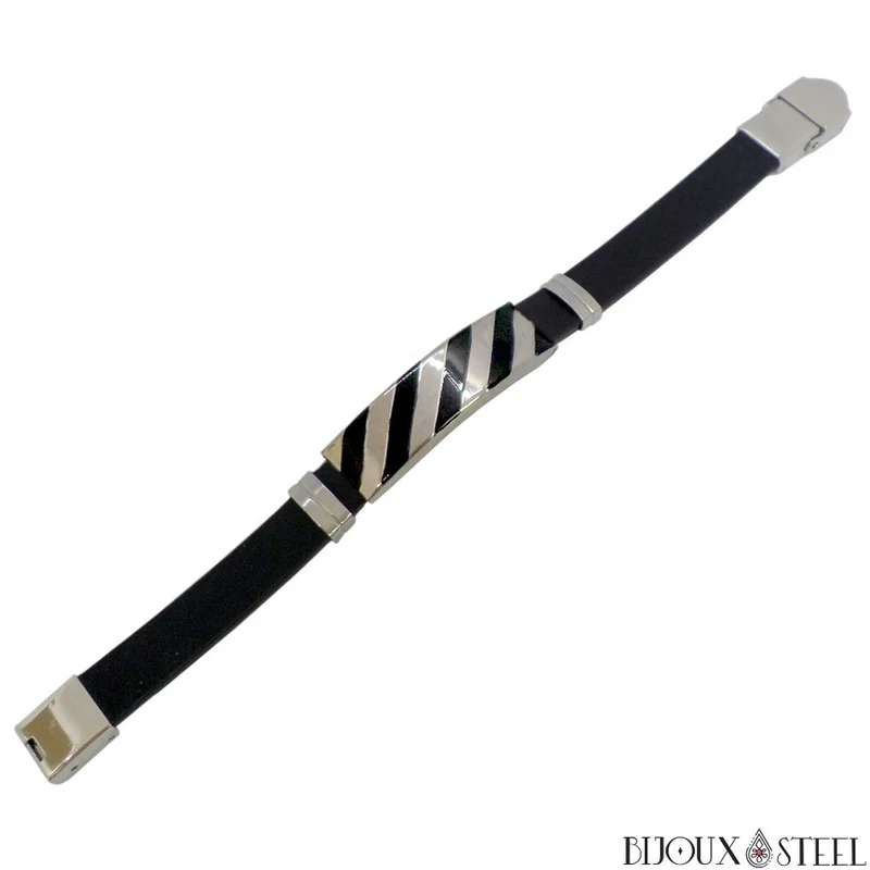 Bracelet homme à rayures en acier inoxydable et caoutchouc noir