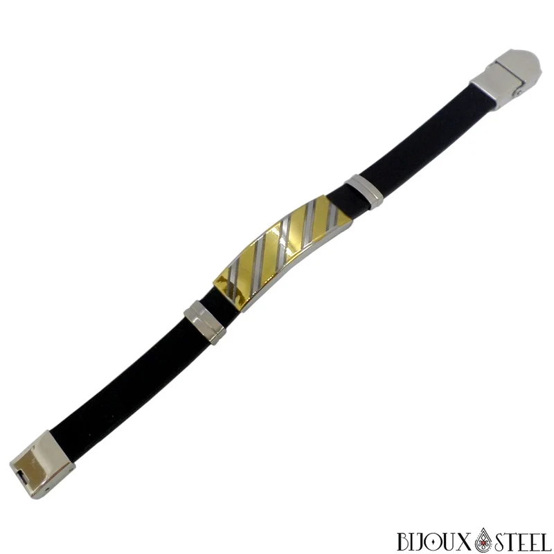 Bracelet homme à rayures en acier inoxydable et caoutchouc noir