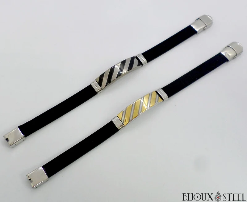 Bracelet homme à rayures en acier inoxydable et caoutchouc noir