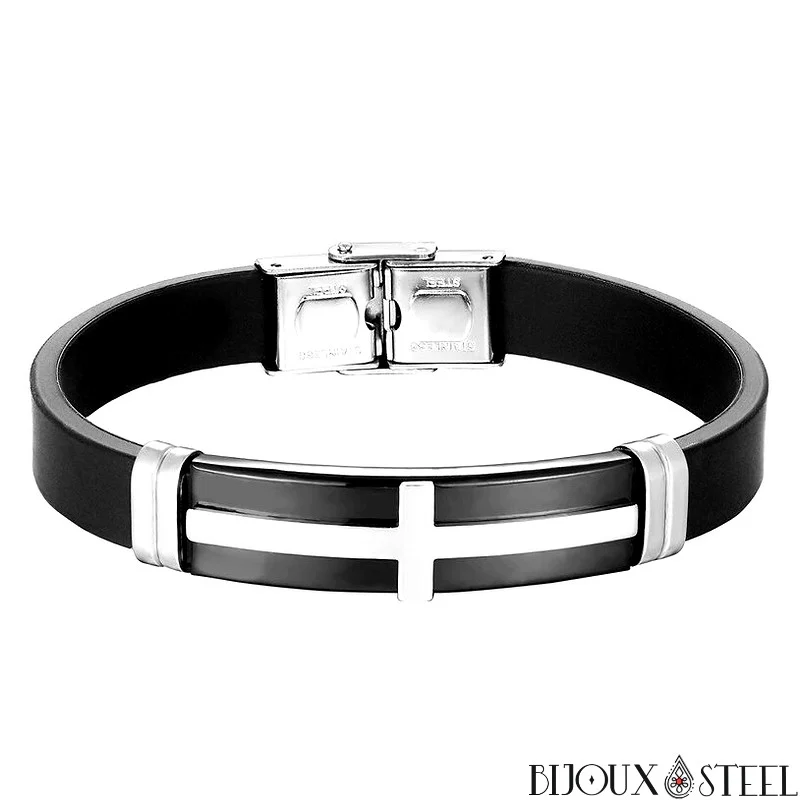 Bracelet homme à croix en acier inoxydable et caoutchouc noir