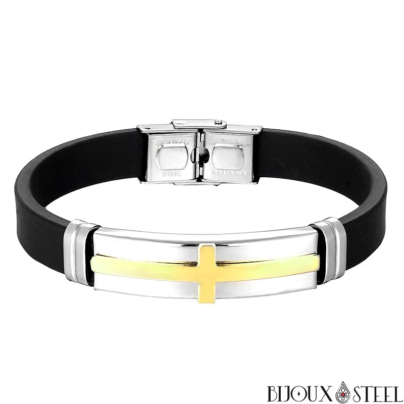 Bracelet homme à croix en acier inoxydable et caoutchouc noir