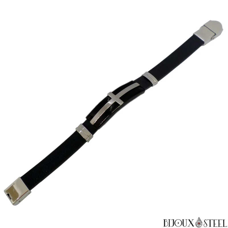 Bracelet homme à croix en acier inoxydable et caoutchouc noir