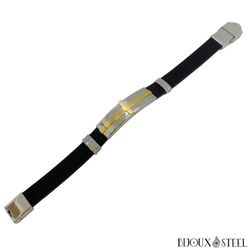 Bracelet homme à croix en acier inoxydable et caoutchouc noir