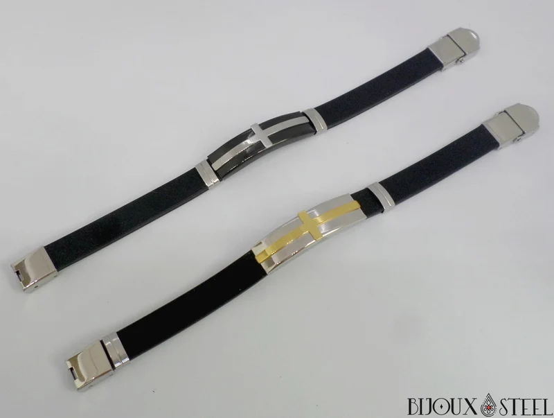 Bracelet homme à croix en acier inoxydable et caoutchouc noir