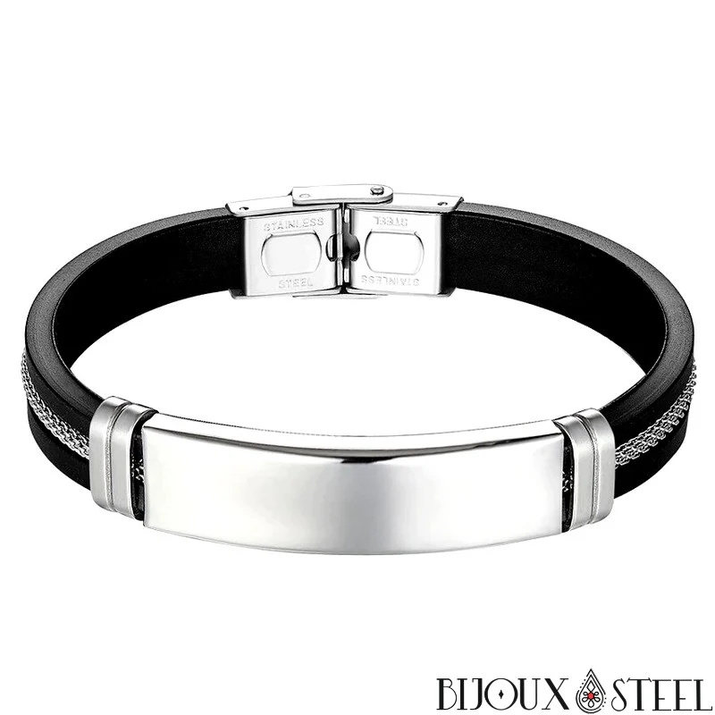 Bracelet homme plaque en acier inoxydable et caoutchouc noir