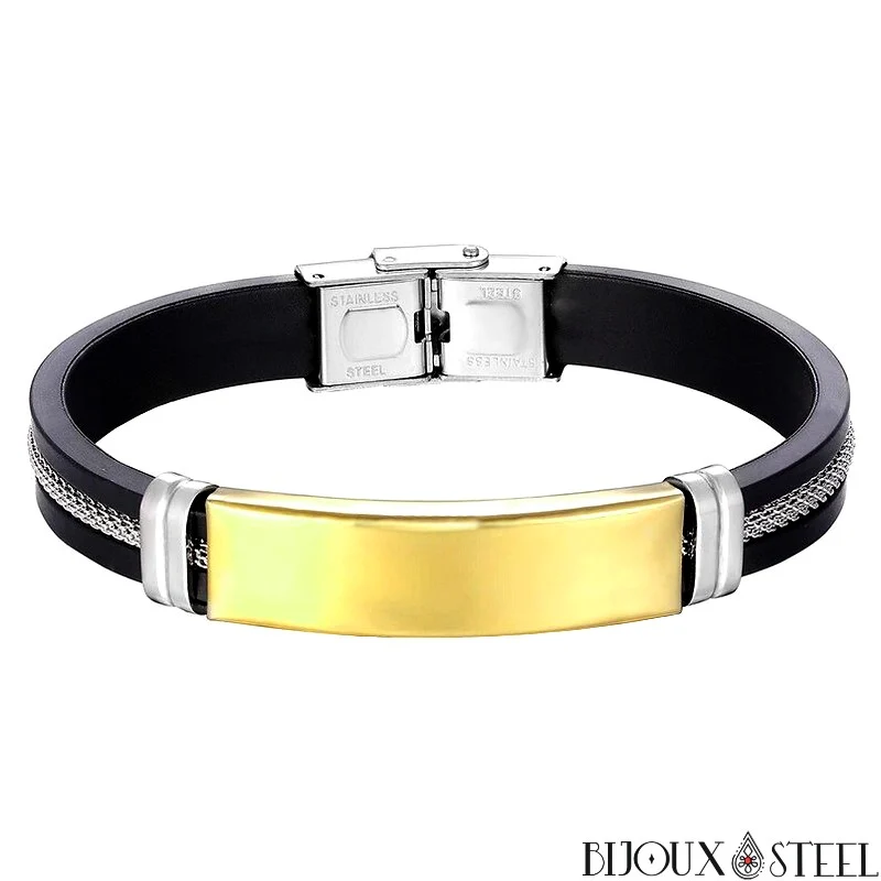 Bracelet homme plaque en acier inoxydable et caoutchouc noir