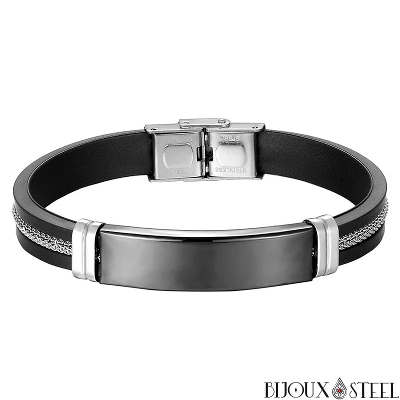 Bracelet homme plaque en acier inoxydable et caoutchouc noir