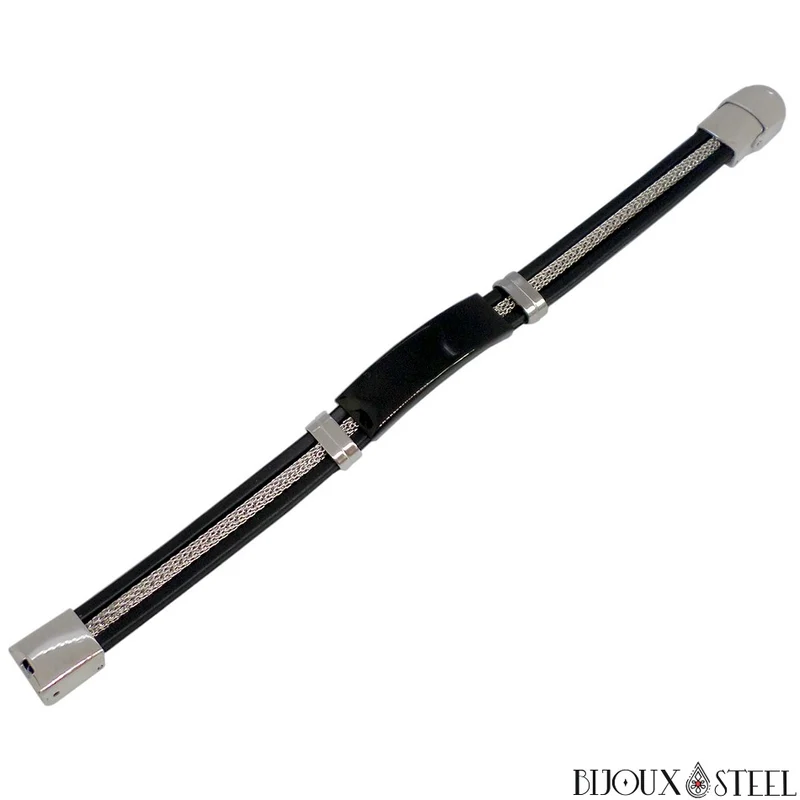 Bracelet homme plaque en acier inoxydable et caoutchouc noir