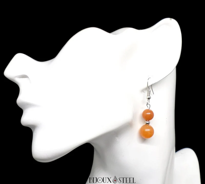 Boucles d'oreilles pendantes doubles perles d'aventurine orange