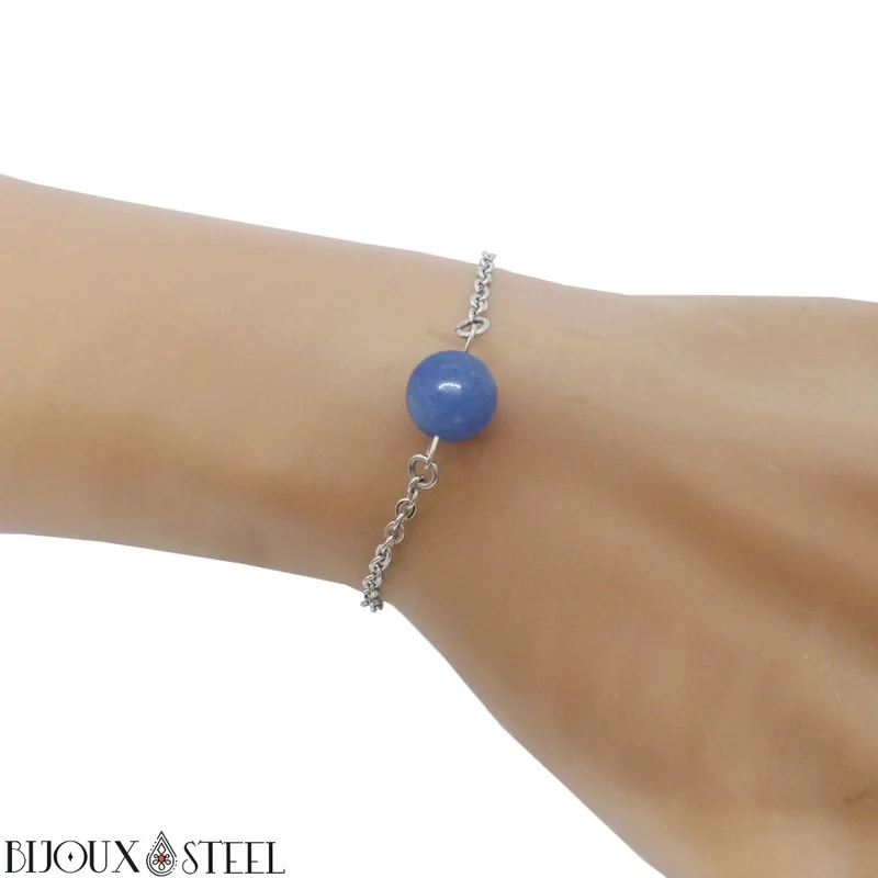 Bracelet à perle d'aventurine bleue en acier inoxydable