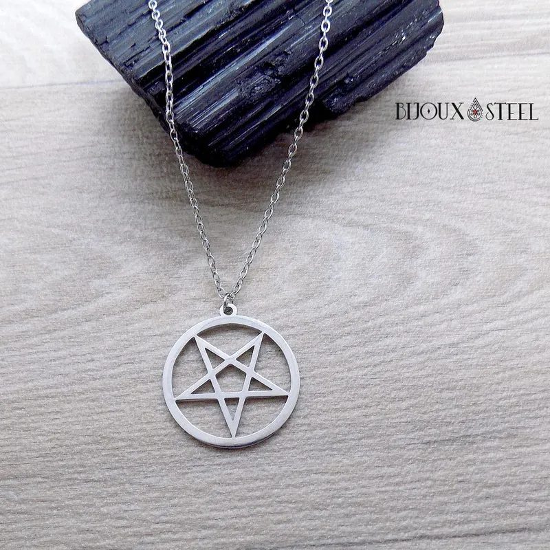 Collier à pendentif pentagramme inversé satanique en acier inoxydable