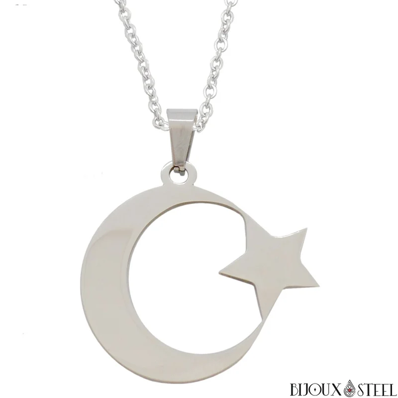 Collier à pendentif croissant de Lune et étoile en acier inoxydable