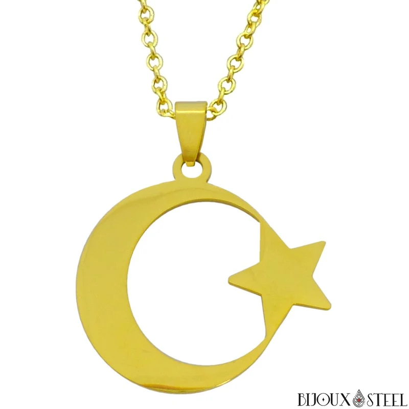 Collier à pendentif croissant de Lune et étoile en acier inoxydable